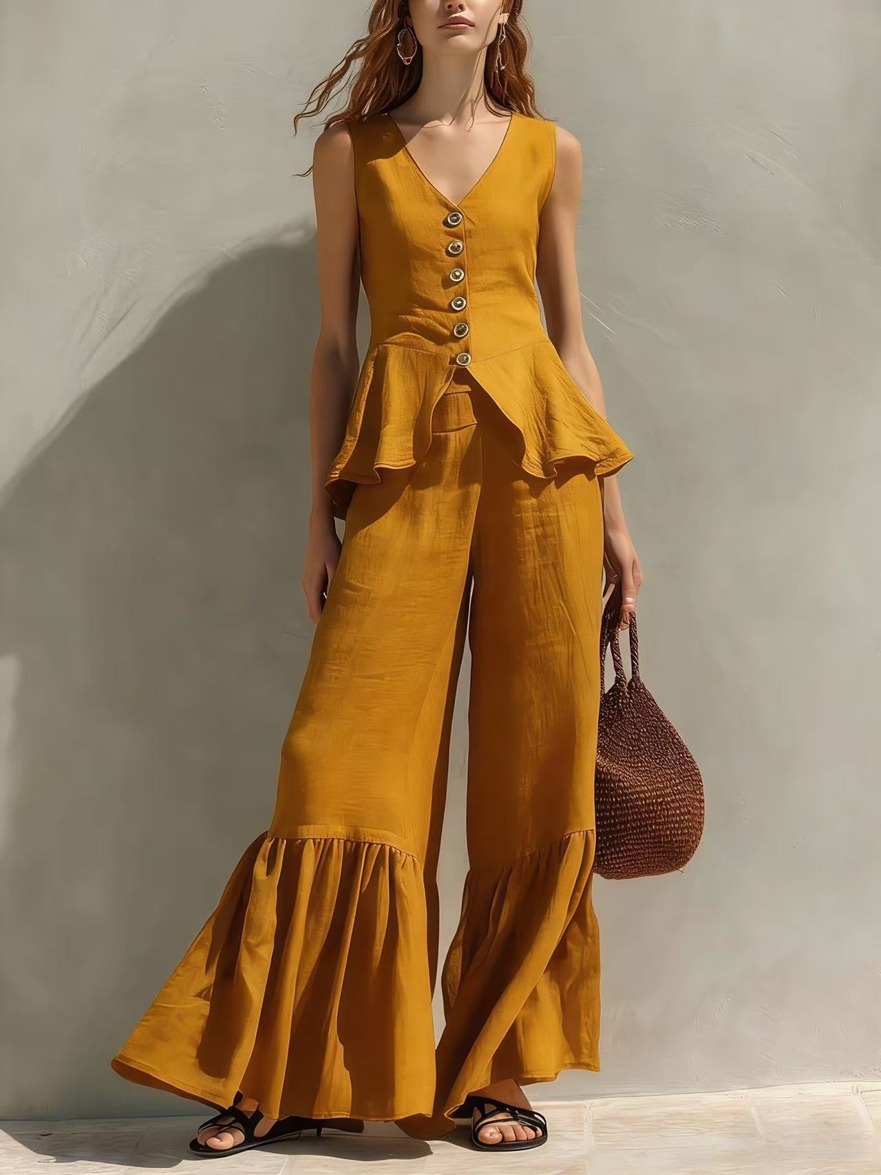 Womens V-neck Button-Down Top With Flounce Hem And Wide-Leg Linen Pants