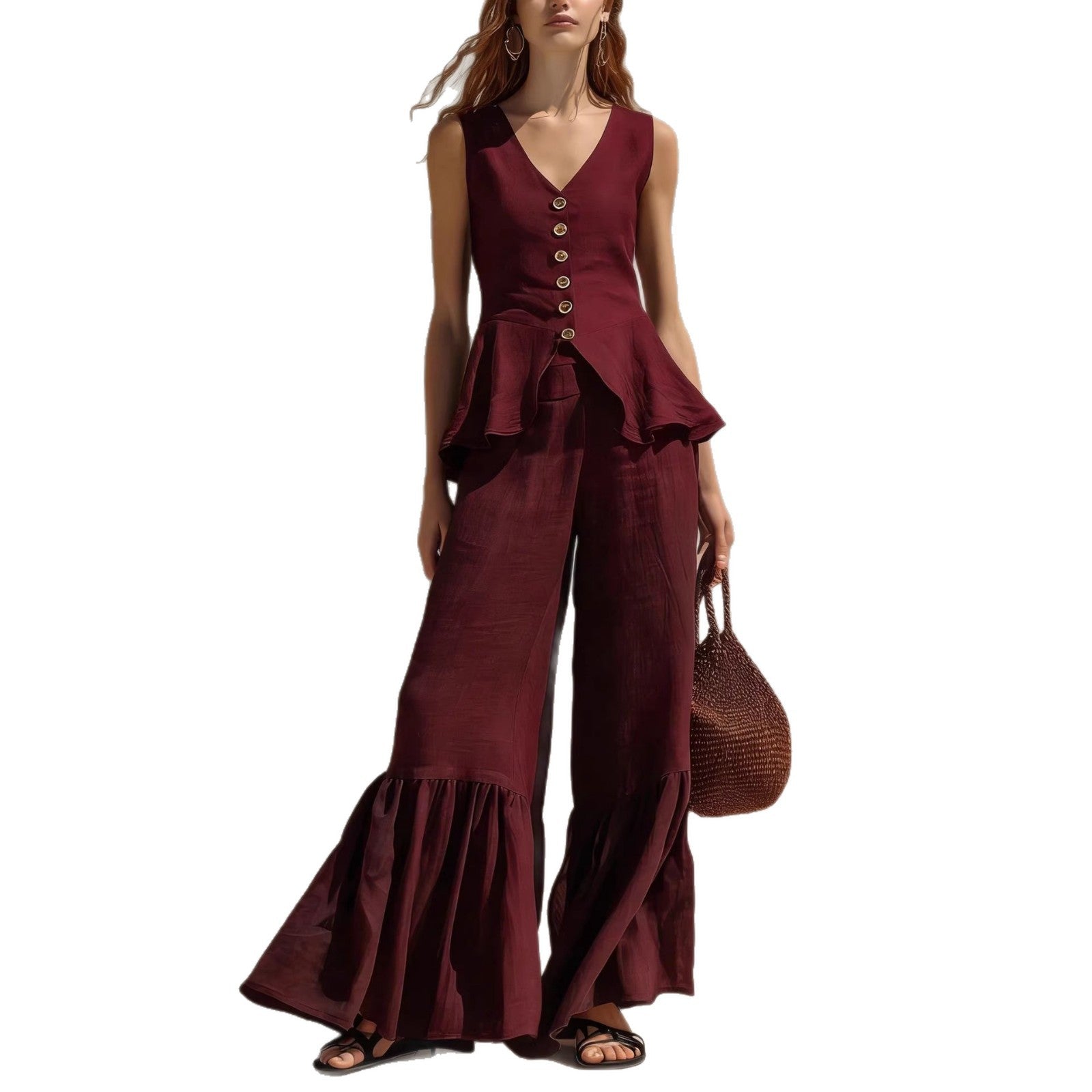 Womens V-neck Button-Down Top With Flounce Hem And Wide-Leg Linen Pants