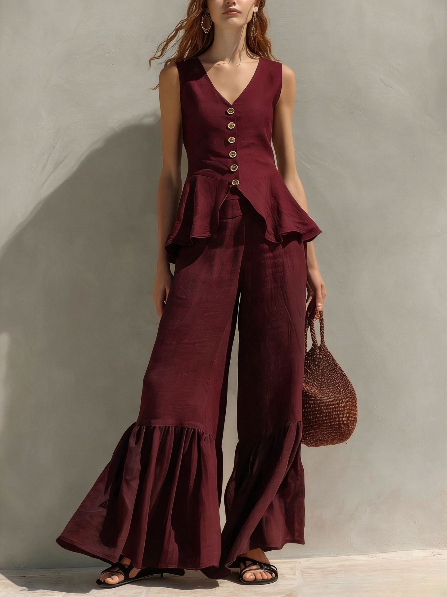 Womens V-neck Button-Down Top With Flounce Hem And Wide-Leg Linen Pants