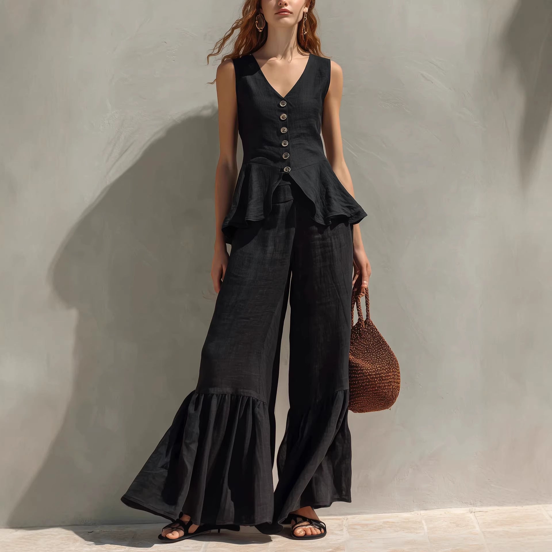 Womens V-neck Button-Down Top With Flounce Hem And Wide-Leg Linen Pants