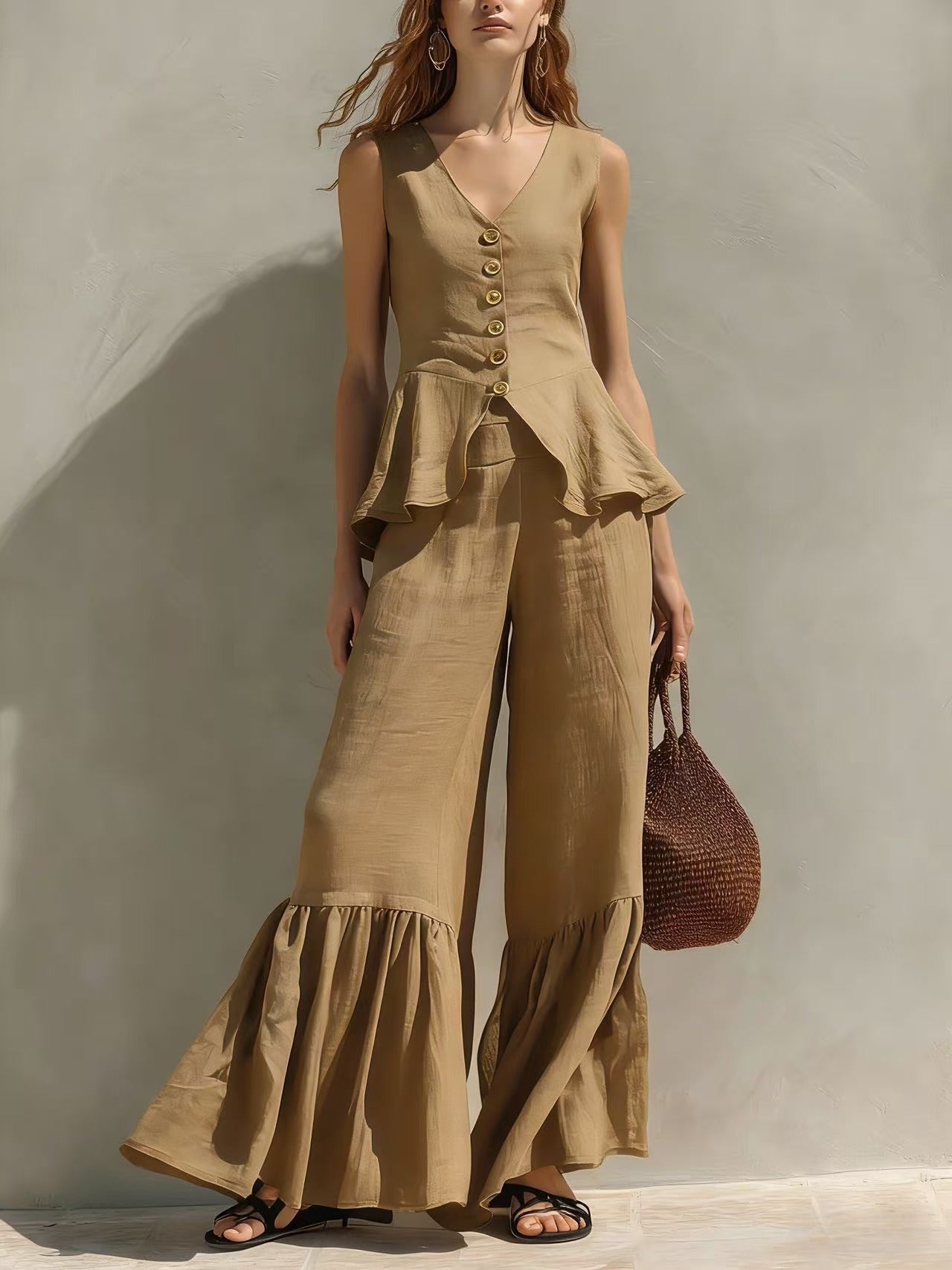 Womens V-neck Button-Down Top With Flounce Hem And Wide-Leg Linen Pants