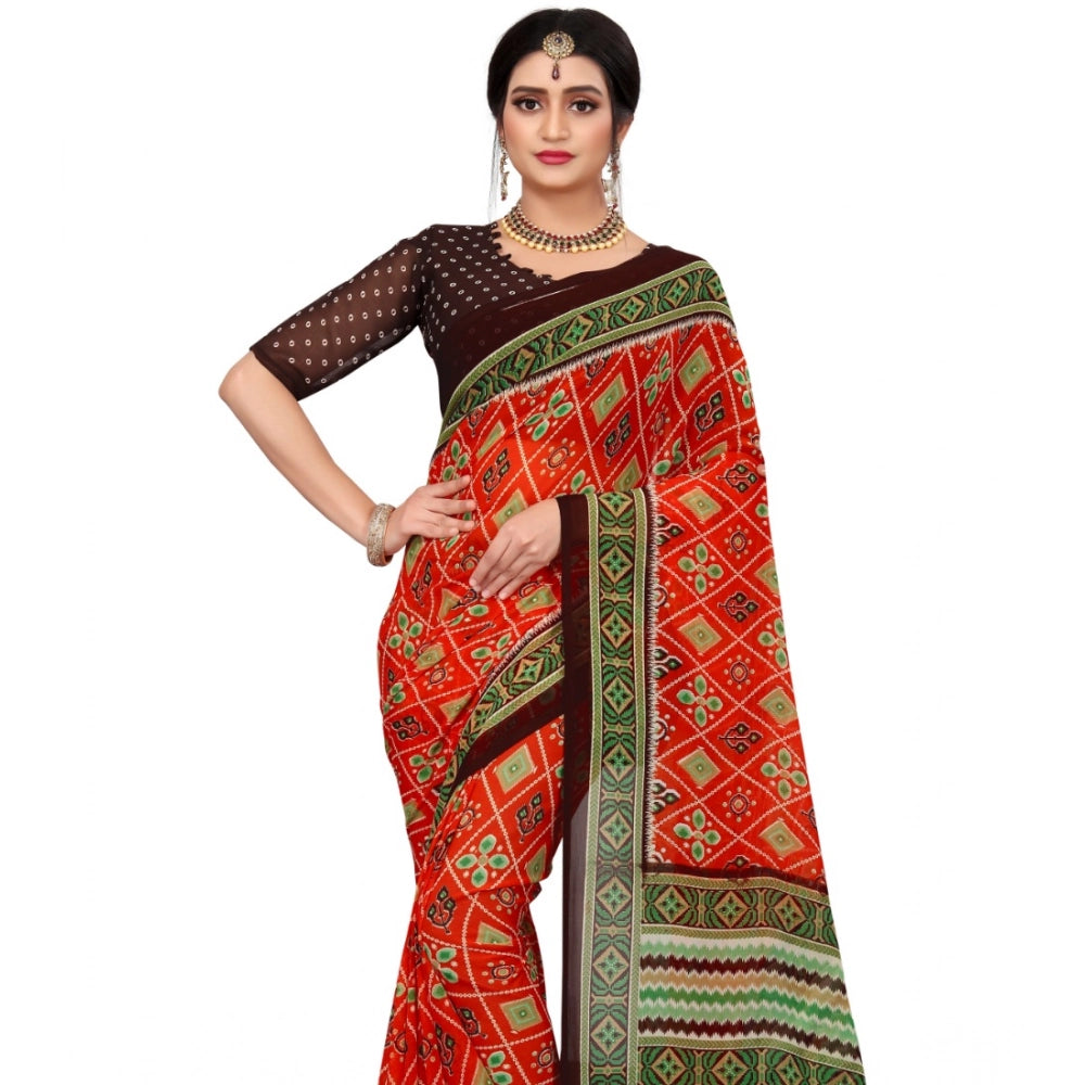 Generic Women's Georgette Floral Print Saree With Unstitched Blouse 5.5Mtr (Red)