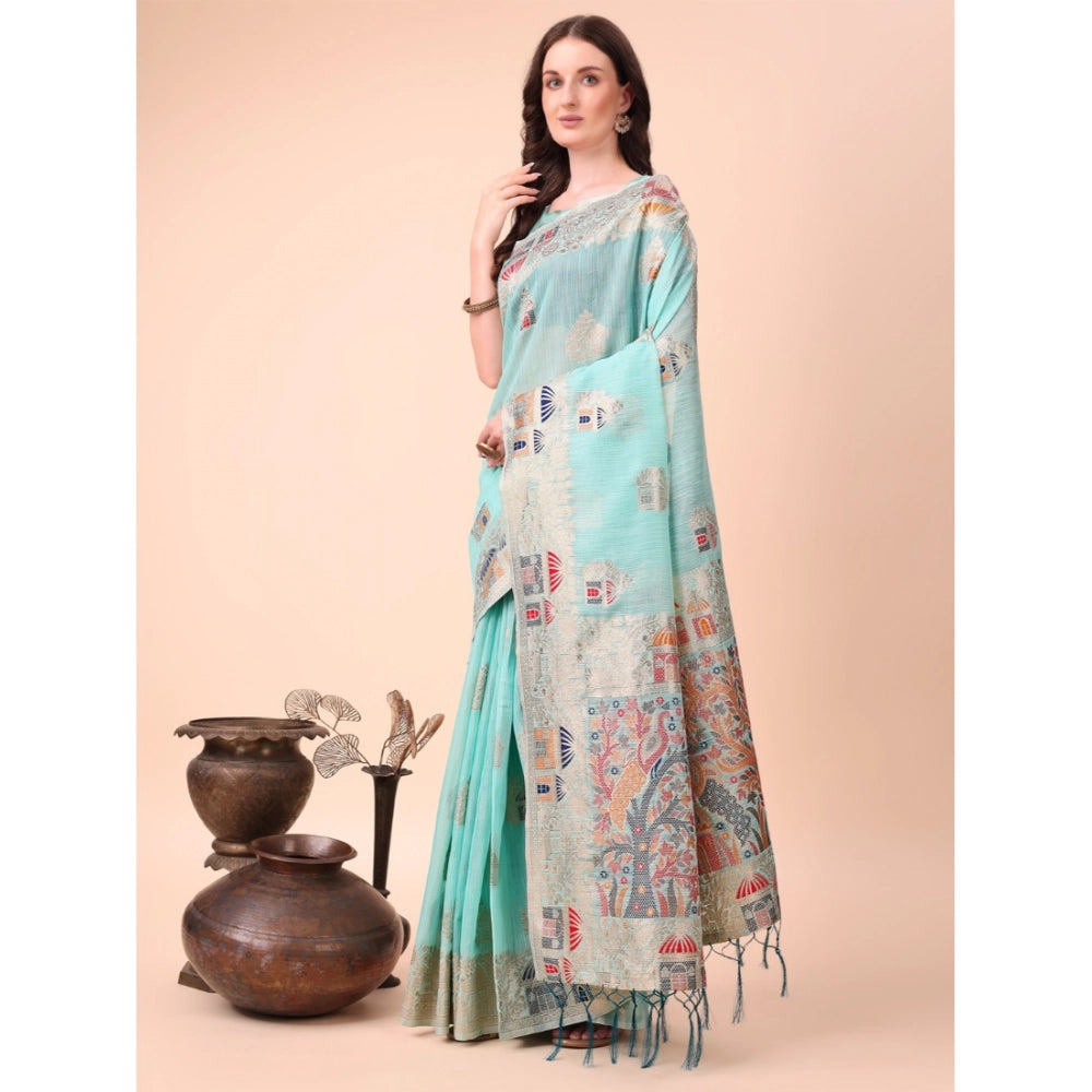 Generic Women's Linen Cotton Printed Saree With Unstitched Blouse 5.5Mtr (Sky Blue)