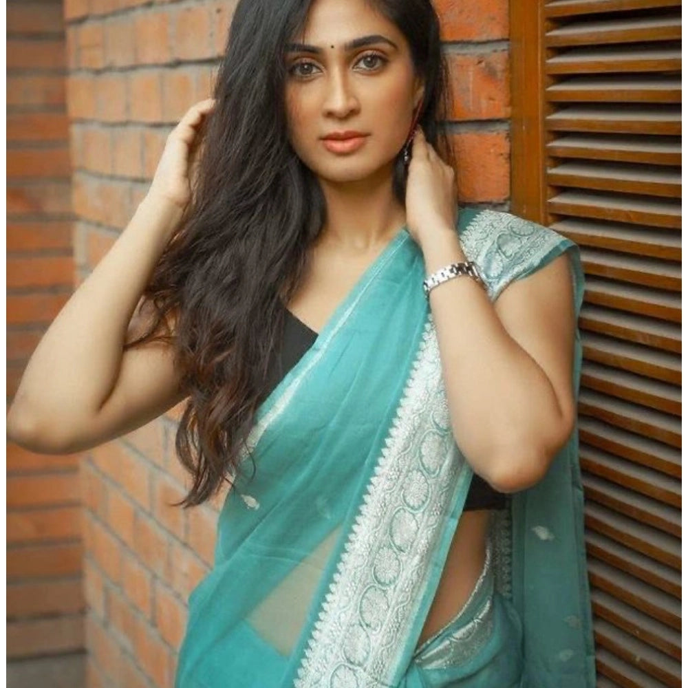 Generic Women's Cotton  Printed Saree With Unstitched Blouse 5.5Mtr (Sky Blue)