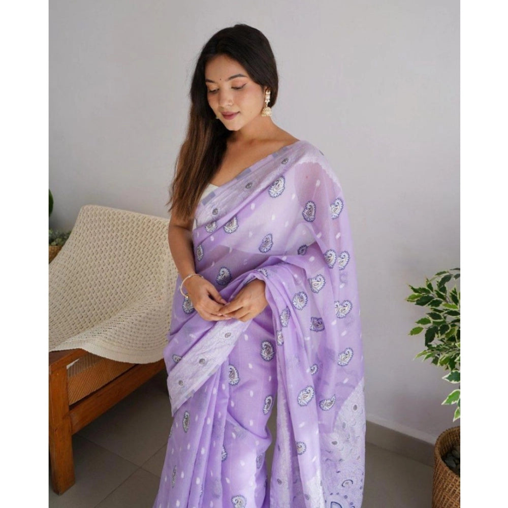 Generic Women's Cotton  Printed Saree With Unstitched Blouse 5.5Mtr (Lavender)