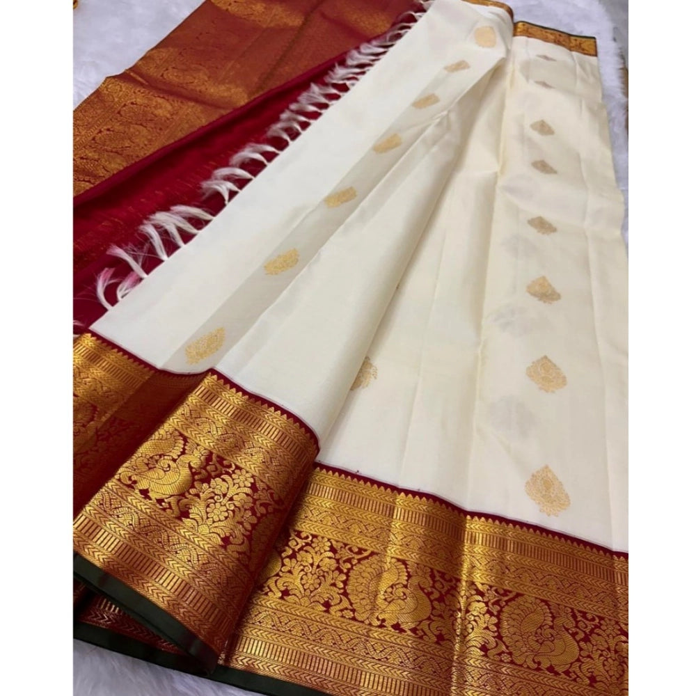 Generic Women's Silk Printed Saree With Unstitched Blouse 5.5Mtr (Off White-Red)