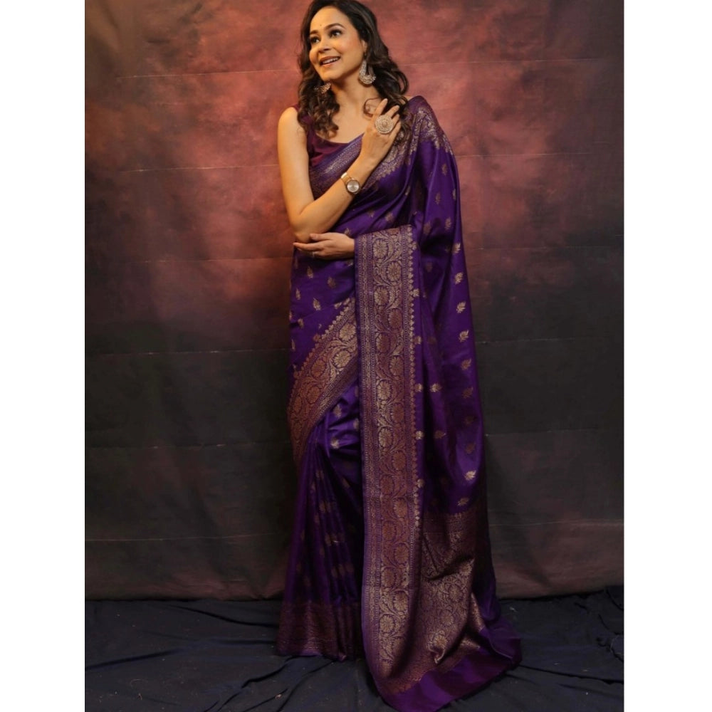 Generic Women's Silk Printed Saree With Unstitched Blouse 5.5Mtr (Purple)