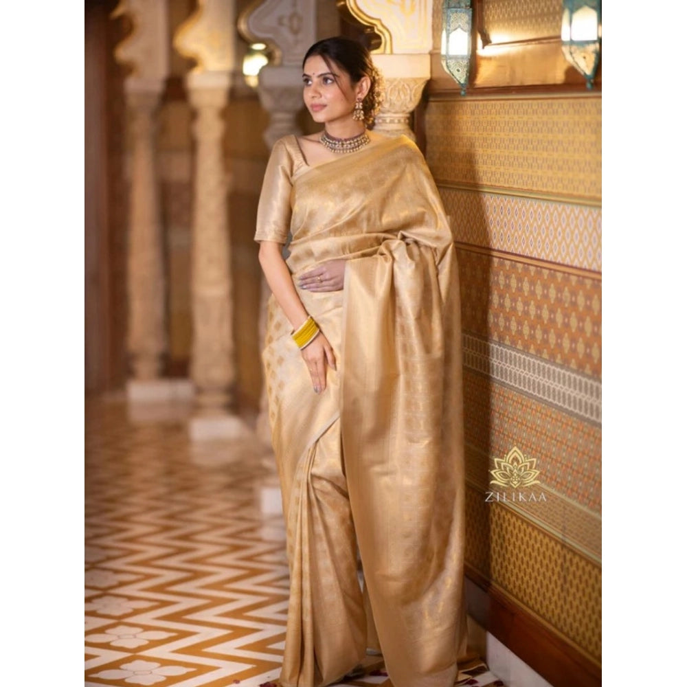Generic Women's Silk Printed Saree With Unstitched Blouse 5.5Mtr (Cream)