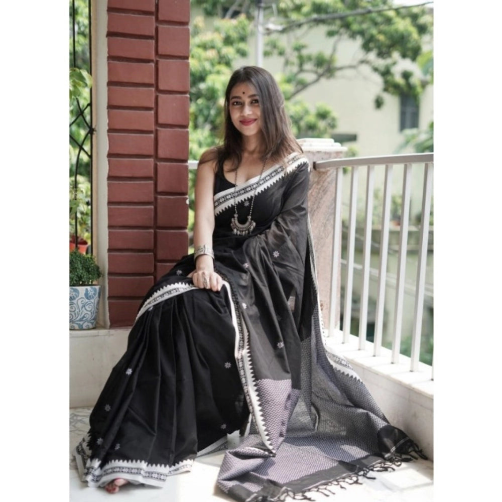 Generic Women's Cotton  Printed Saree With Unstitched Blouse 5.5Mtr (Black)
