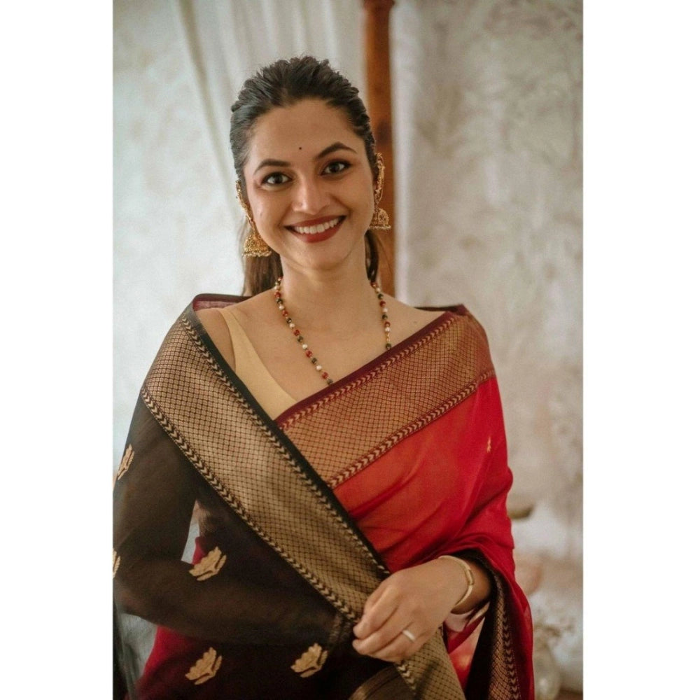 Generic Women's Cotton  Printed Saree With Unstitched Blouse 5.5Mtr (Red)