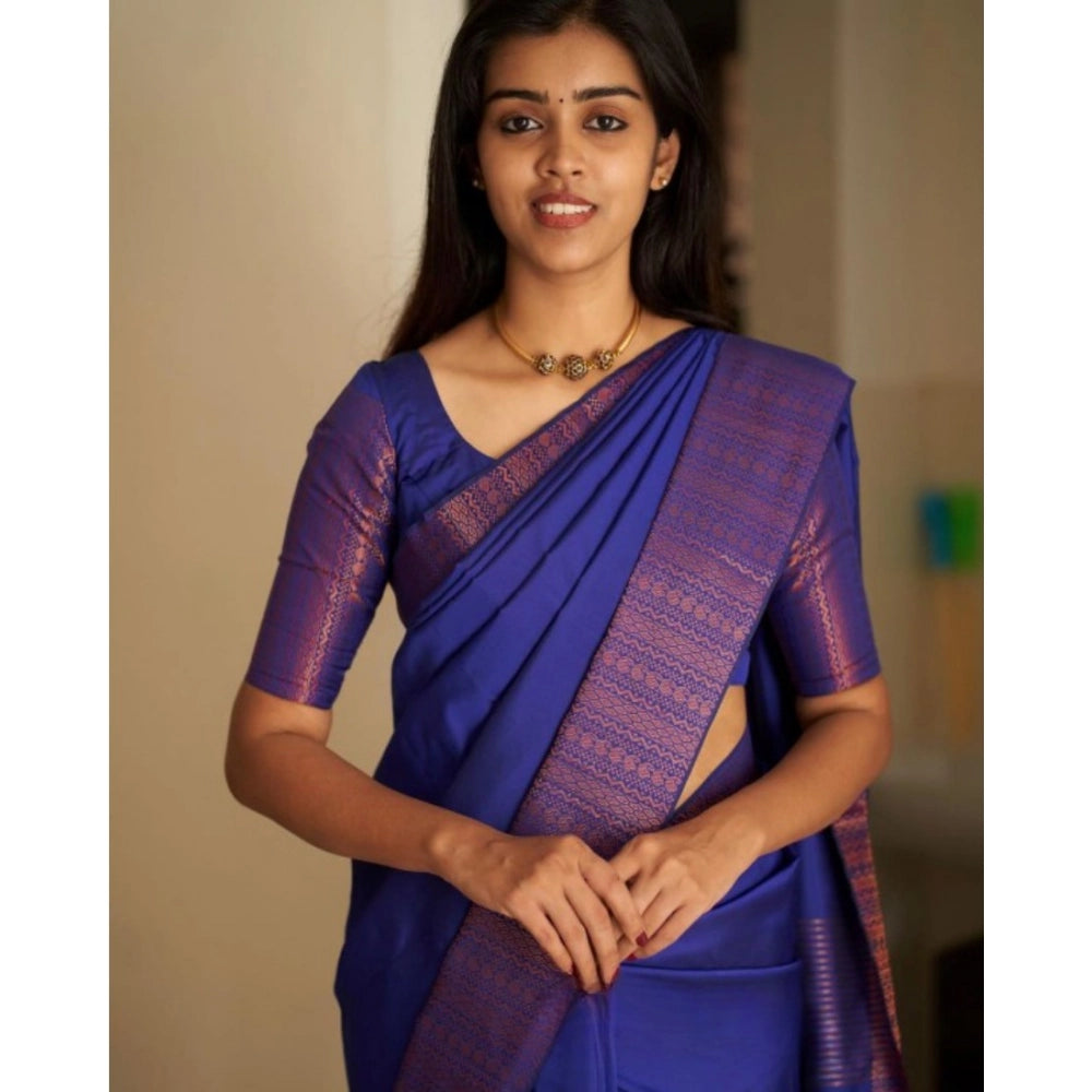 Generic Women's Silk Printed Saree With Unstitched Blouse 5.5Mtr (Blue)