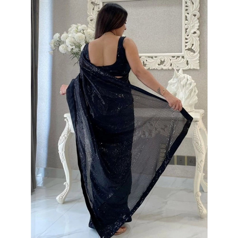 Generic Women's Georgette Embellished Sequnece Bollywood Saree With Unstitched Blouse 5.5Mtr (Black)