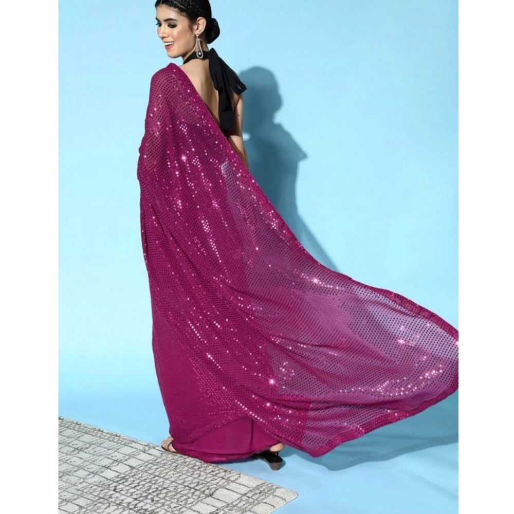 Generic Women's Georgette Embellished Sequnece Bollywood Saree With Unstitched Blouse 5.5Mtr (Wine)