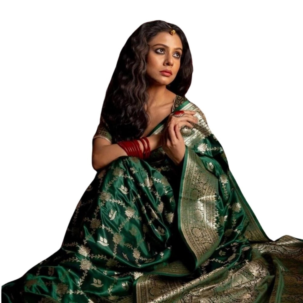 Generic Women's Silk Printed Saree With Unstitched Blouse 5.5Mtr (Dark Green)