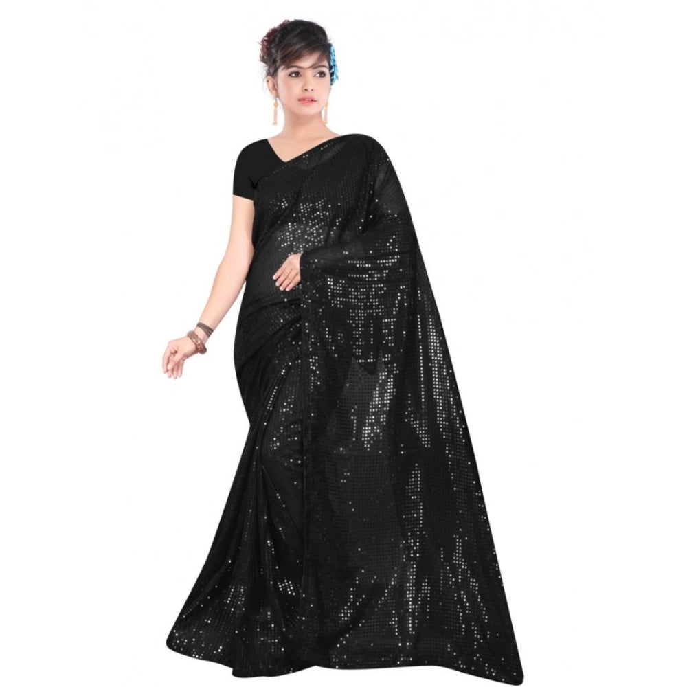 Generic Women's Georgette Embellished Sequnece Bollywood Saree With Unstitched Blouse 5.5Mtr (Black)