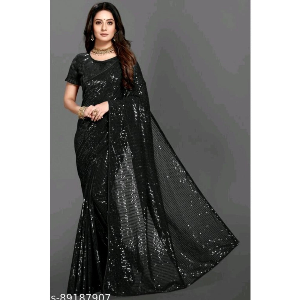 Generic Women's Georgette Embellished Sequnece Bollywood Saree With Unstitched Blouse 5.5Mtr (Black)