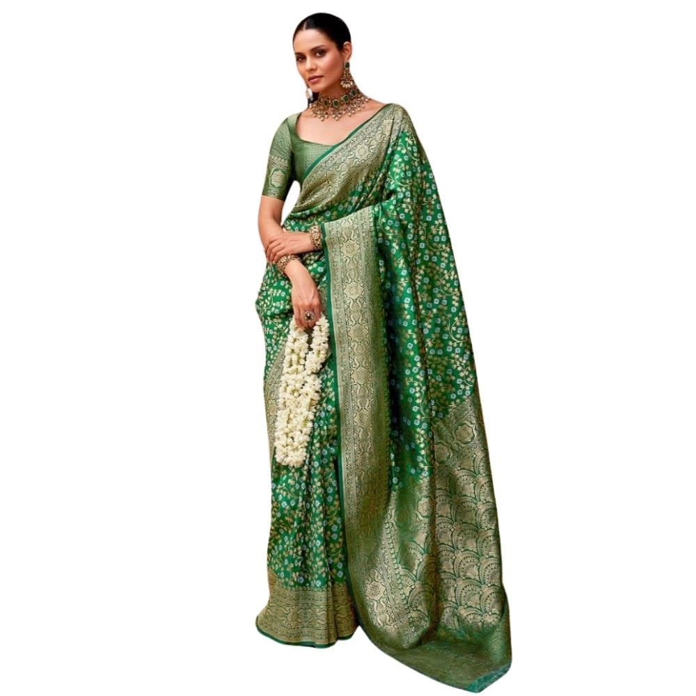 Generic Women's Silk Printed Saree With Unstitched Blouse 5.5Mtr (Green)