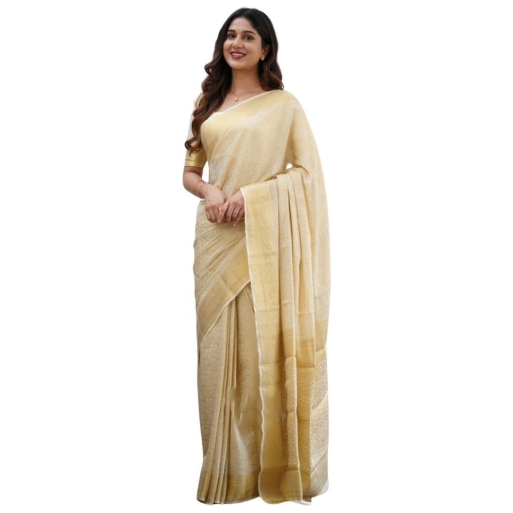 Generic Women's Silk Printed Saree With Unstitched Blouse 5.5Mtr (Cream)