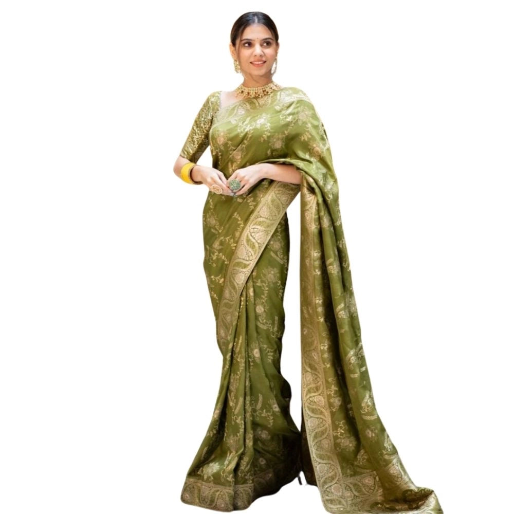 Generic Women's Silk Printed Saree With Unstitched Blouse 5.5Mtr (Olive Green)