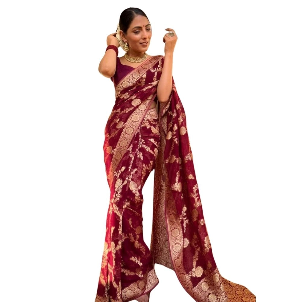 Generic Women's Silk Printed Saree With Unstitched Blouse 5.5Mtr (Maroon)