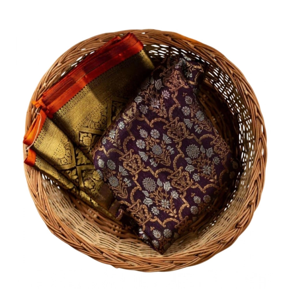 Generic Women's Soft Lichi Silk Printed Saree With Unstitched Blouse 5.5Mtr (Purple)