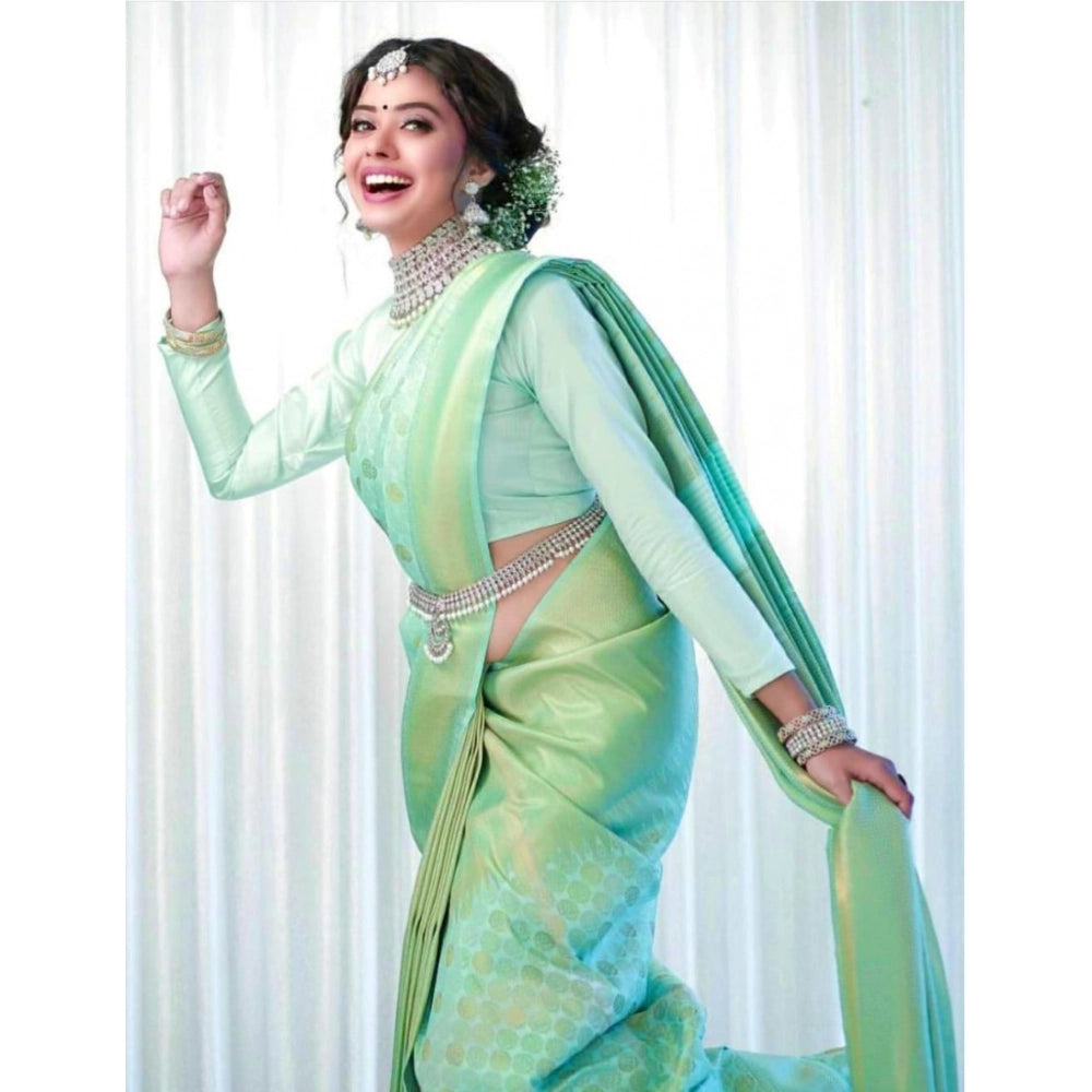 Generic Women's Soft Lichi Silk Printed Saree With Unstitched Blouse 5.5Mtr (Light Green)