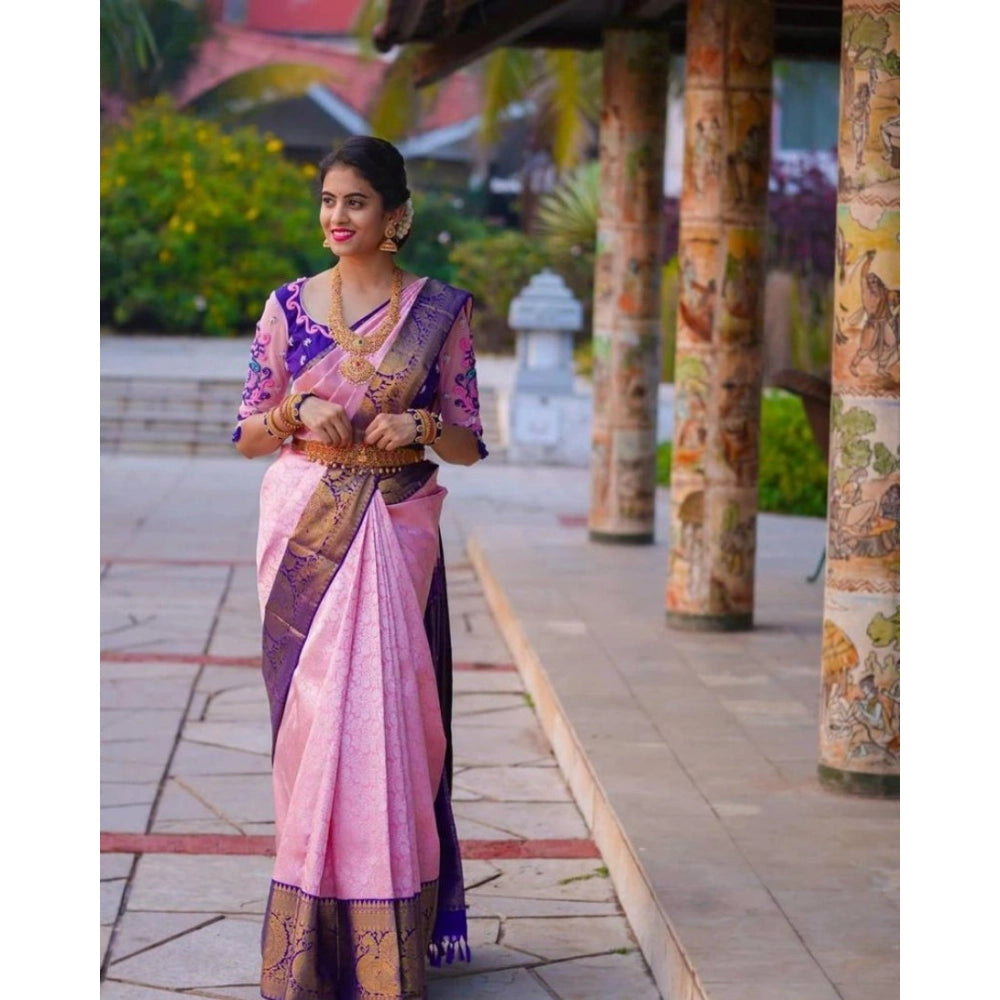 Generic Women's Soft Lichi Silk Printed Saree With Unstitched Blouse 5.5Mtr (Purple)