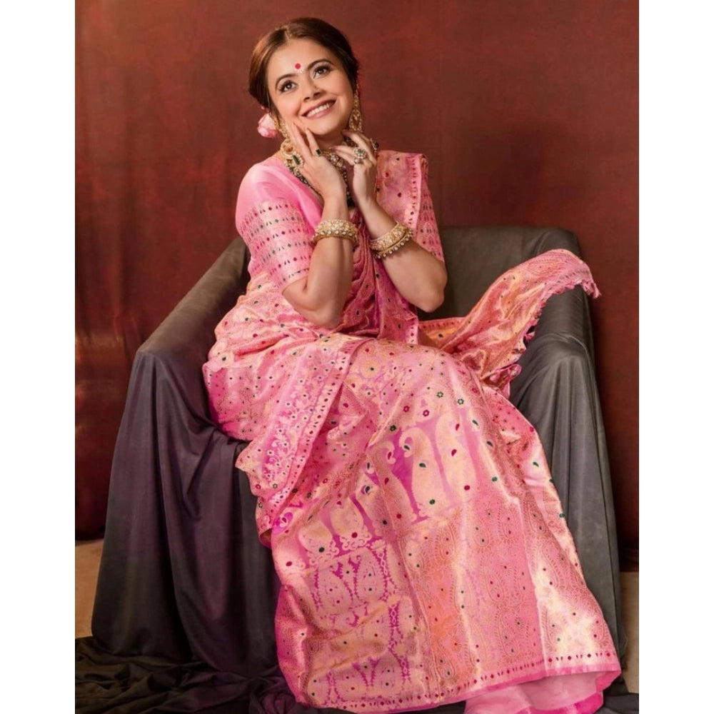 Generic Women's Soft Lichi Silk Printed Saree With Unstitched Blouse 5.5Mtr (Pink)