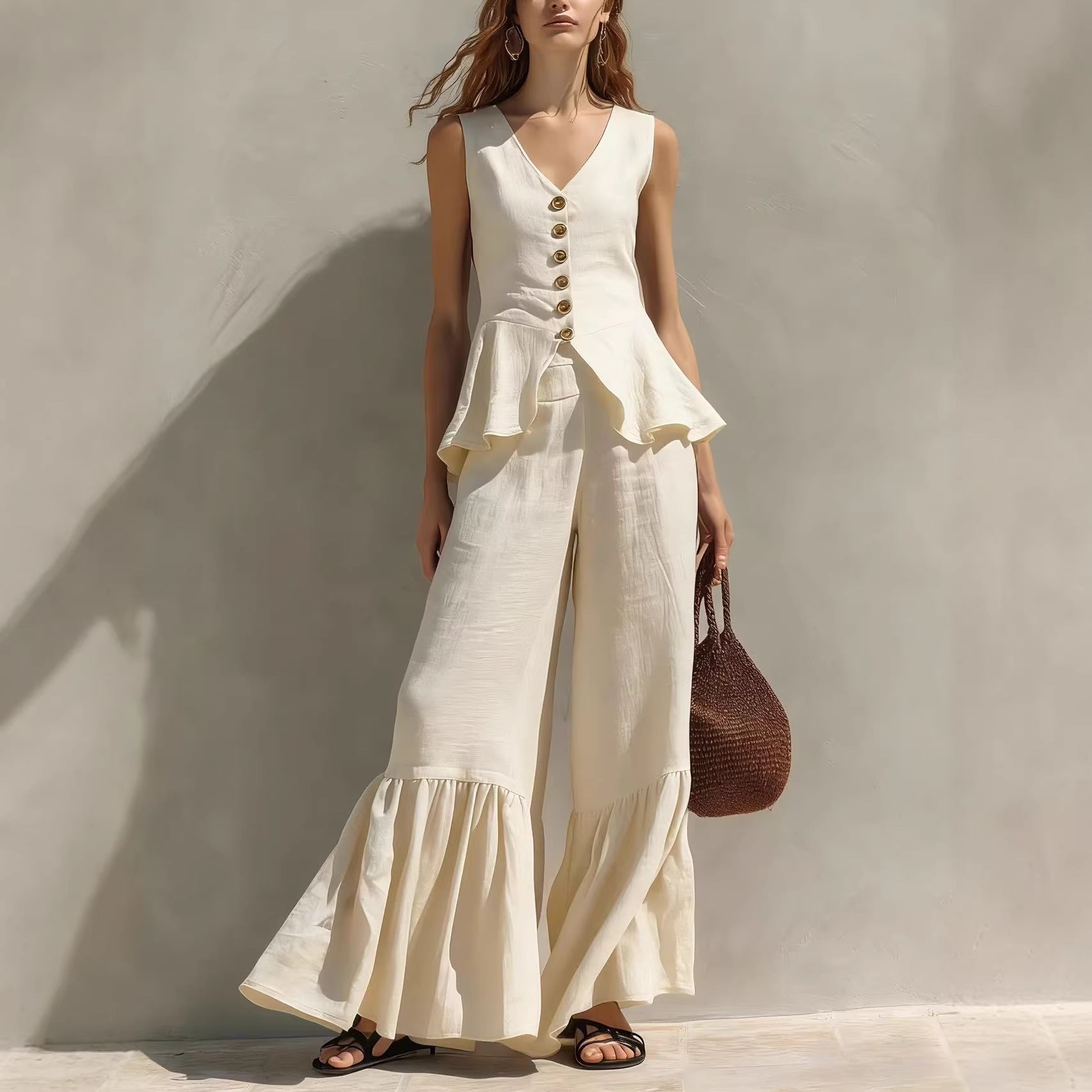 Womens V-neck Button-Down Top With Flounce Hem And Wide-Leg Linen Pants
