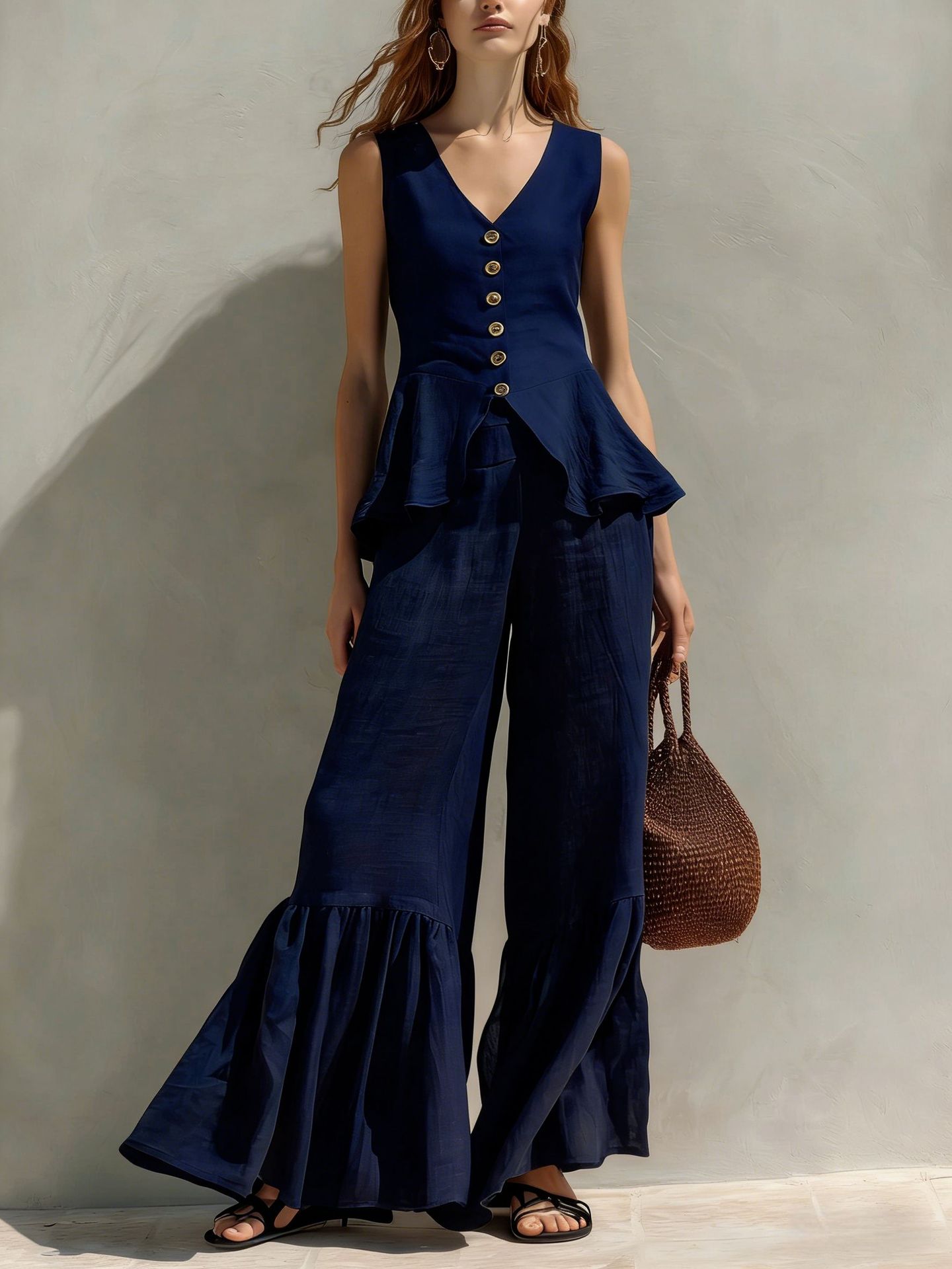 Womens V-neck Button-Down Top With Flounce Hem And Wide-Leg Linen Pants