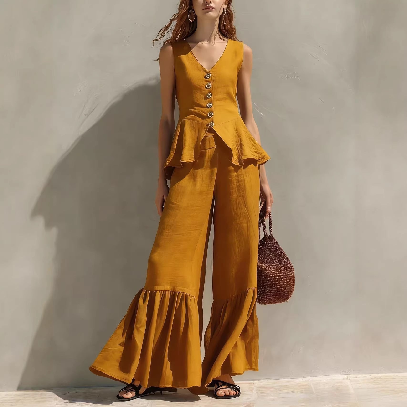 Womens V-neck Button-Down Top With Flounce Hem And Wide-Leg Linen Pants