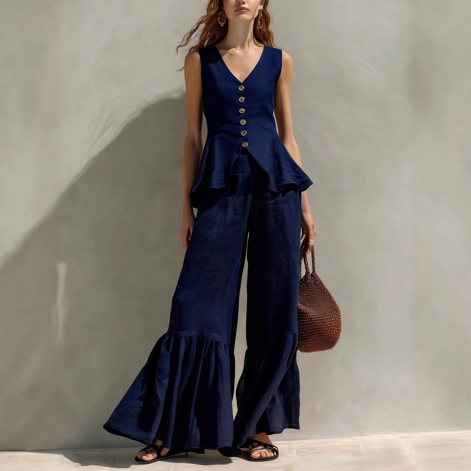 Womens V-neck Button-Down Top With Flounce Hem And Wide-Leg Linen Pants