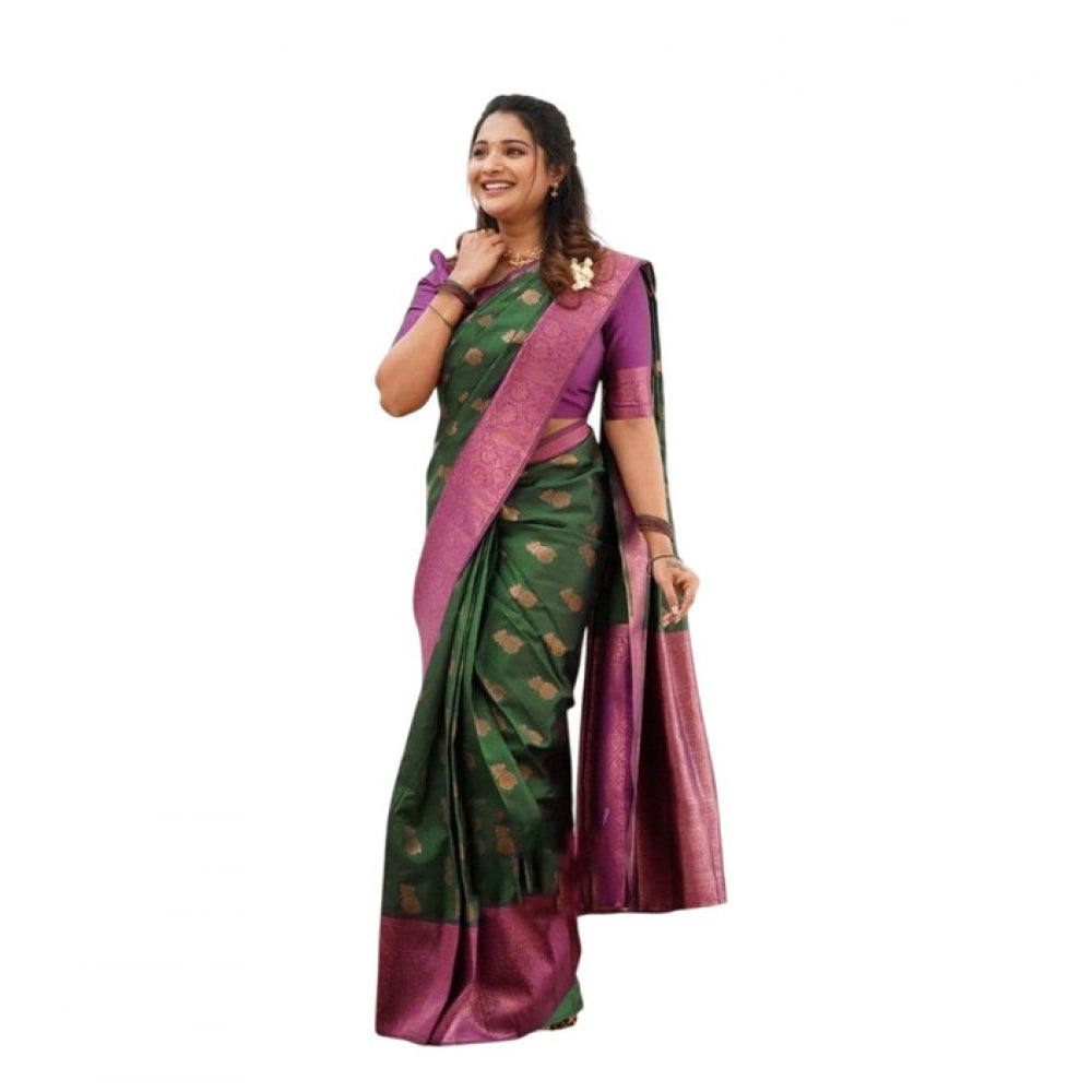Generic Women's Litchi silk Printed Saree With Unstitched Blouse (Green)