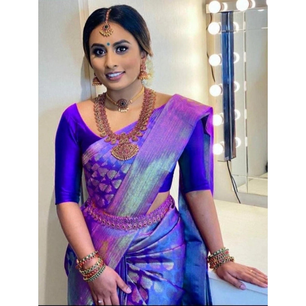 Generic Women's Litchi silk Printed Saree With Unstitched Blouse (Blue)