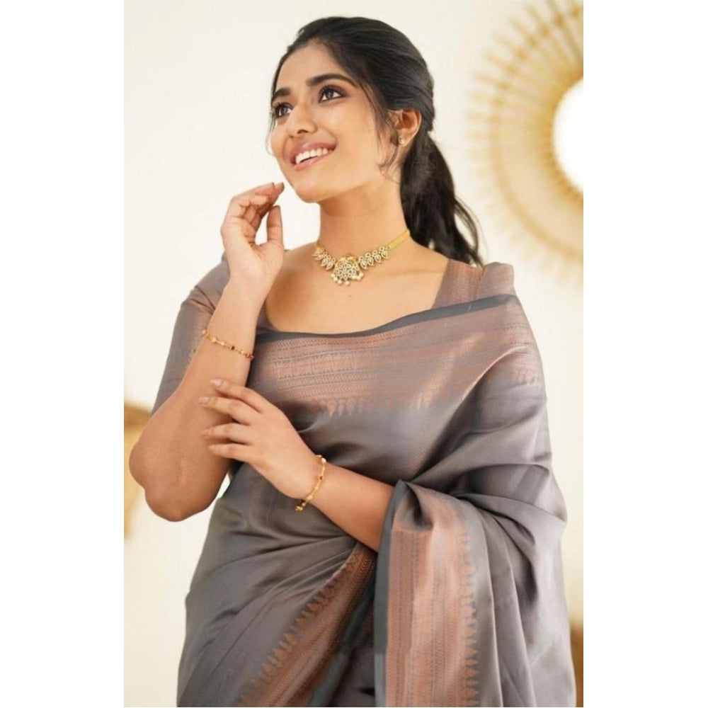Generic Women's Litchi silk Printed Saree With Unstitched Blouse (Grey)