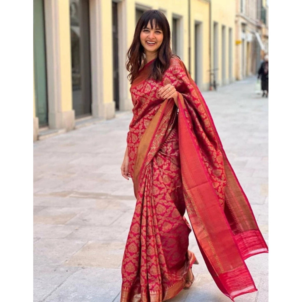 Generic Women's Litchi silk Printed Saree With Unstitched Blouse (Red)