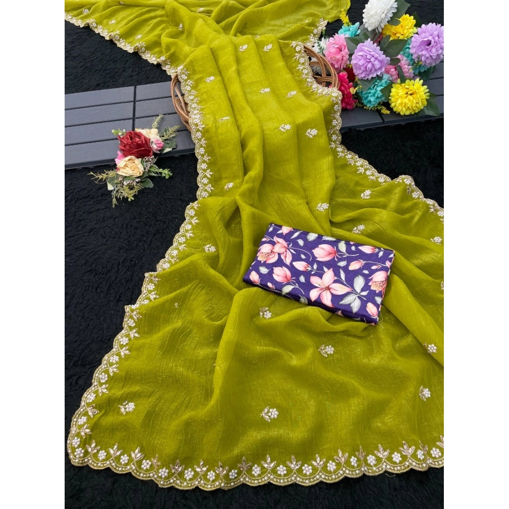 Generic Women's Stone Work Soft Silk Saree With Unstitched Blouse (Green, 5-6 Mtrs)