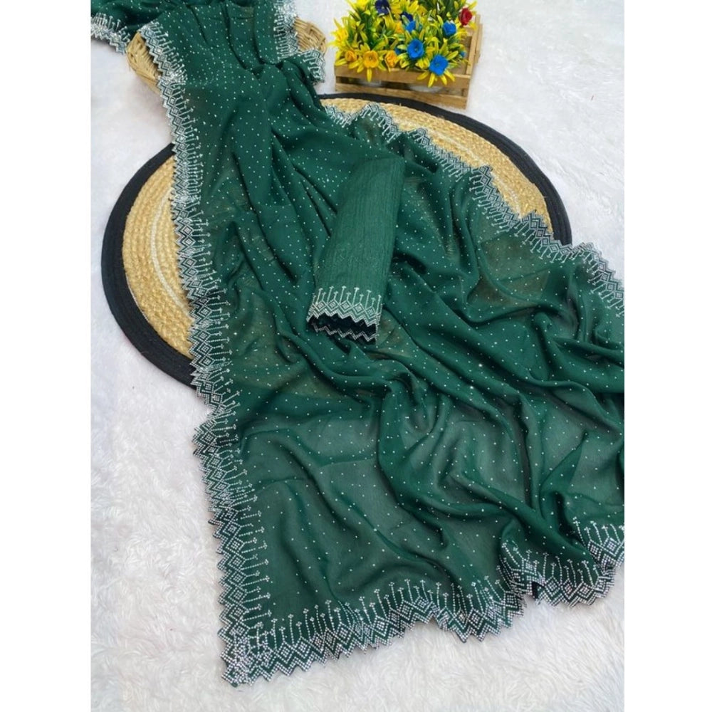 Generic Women's Georgette Stone Work Saree With Unstitched Blouse 5.5Mtr (Green)