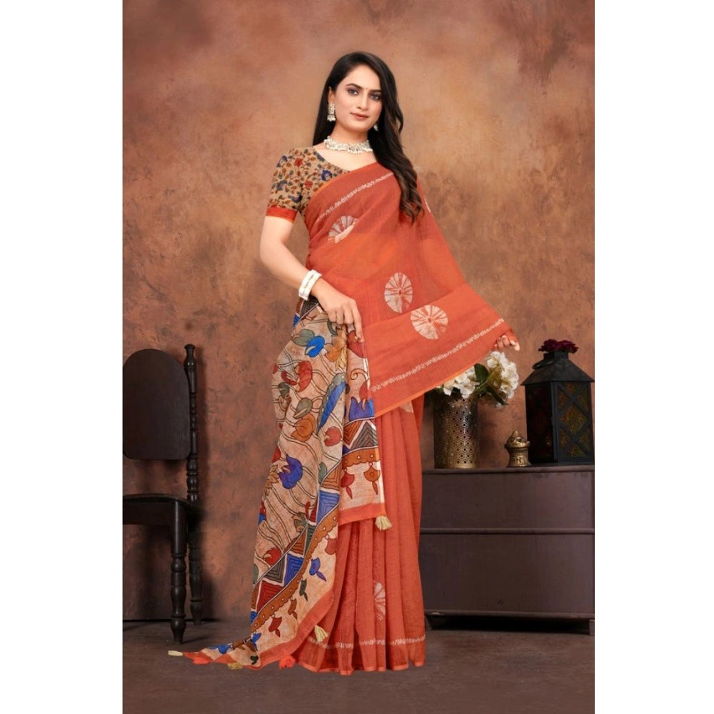 Generic Women's Linen Printed Saree With Unstitched Blouse 5.5Mtr (Red)