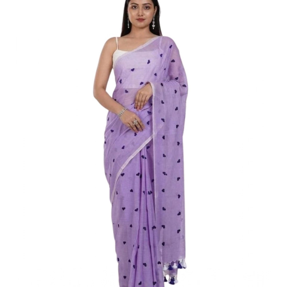 Generic Women's Linen Printed Saree With Unstitched Blouse 5.5Mtr (Purple)