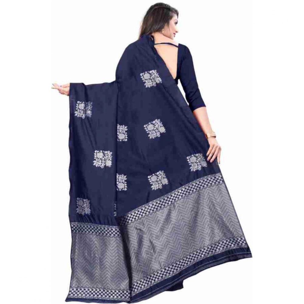 Generic Women's Soft Lichi Silk Printed Saree With Unstitched Blouse 5.5Mtr (Blue)