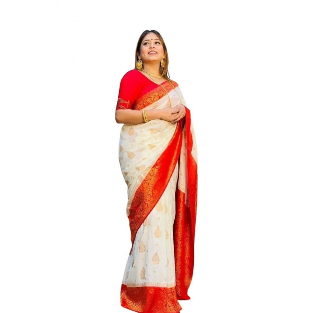 Generic Women's Soft Lichi Silk Printed Saree With Unstitched Blouse 5.5Mtr (White)