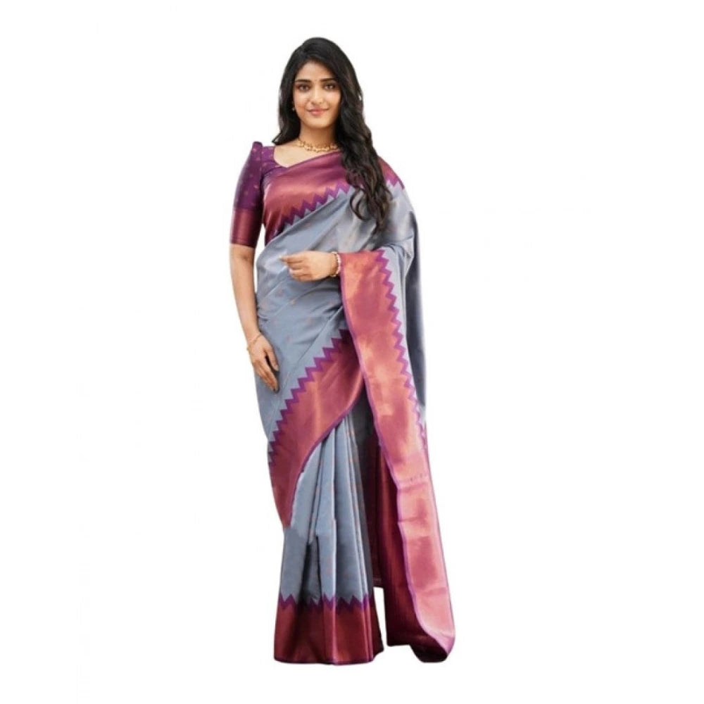 Generic Women's Soft Lichi Silk Printed Saree With Unstitched Blouse 5.5Mtr (Grey)