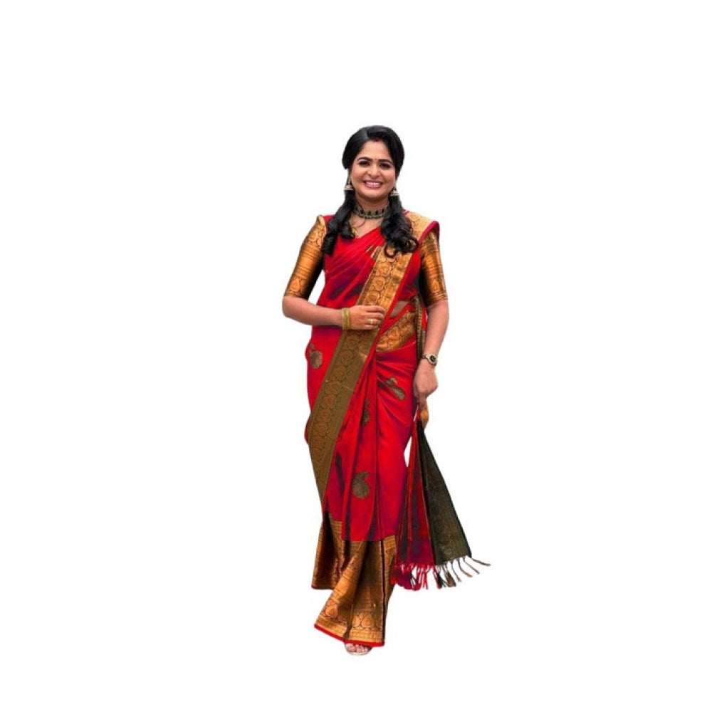 Generic Women's Soft Lichi Silk Printed Saree With Unstitched Blouse 5.5Mtr (Red)