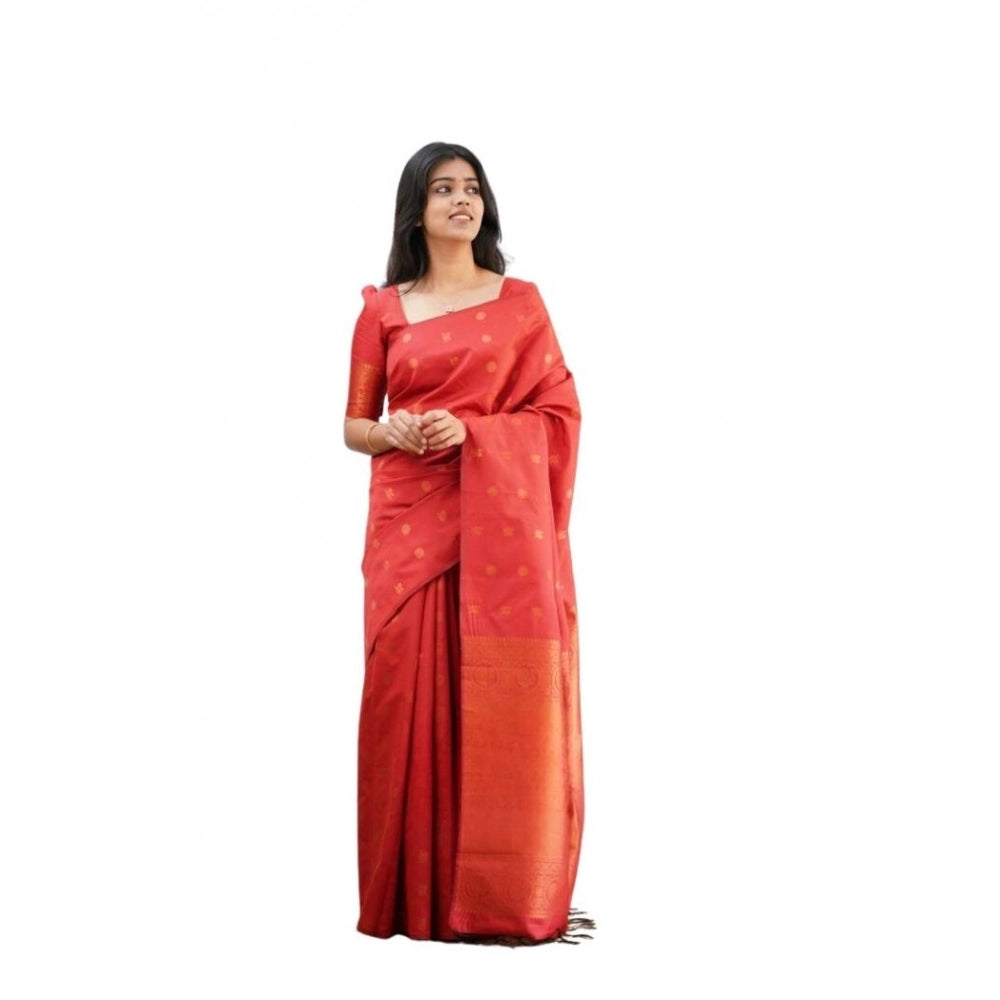 Generic Women's Soft Lichi Silk Printed Saree With Unstitched Blouse 5.5Mtr (Red)