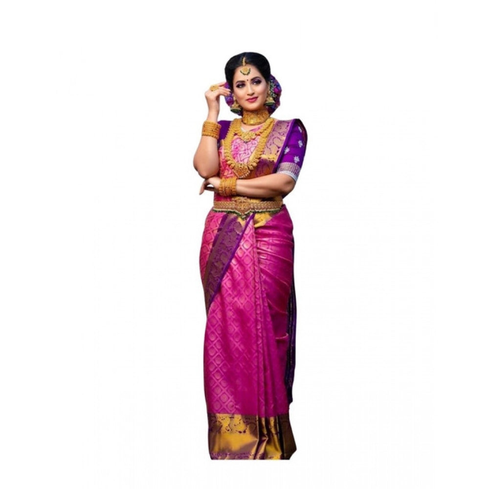 Generic Women's Soft Lichi Silk Printed Saree With Unstitched Blouse 5.5Mtr (Pink)