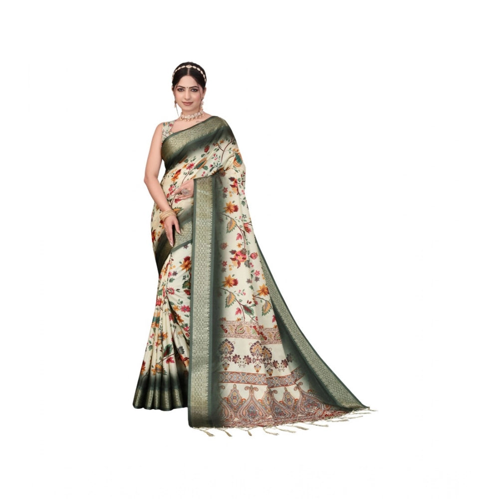 Generic Women's Cotton Silk  Printed Saree With Unstitched Blouse 5.5Mtr (Green)