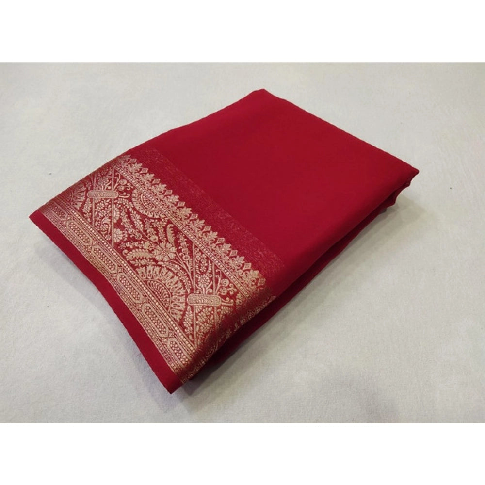 Generic Women's Crepe Chit Pallu Solid Saree With Unstitched Blouse 5.5Mtr (Red)