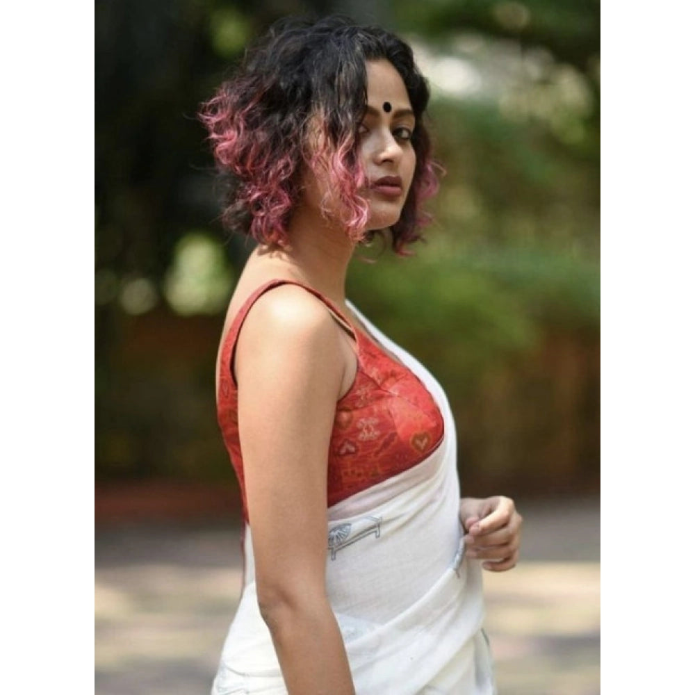 Generic Women's Linen Printed Saree With Unstitched Blouse 5.5Mtr (White)
