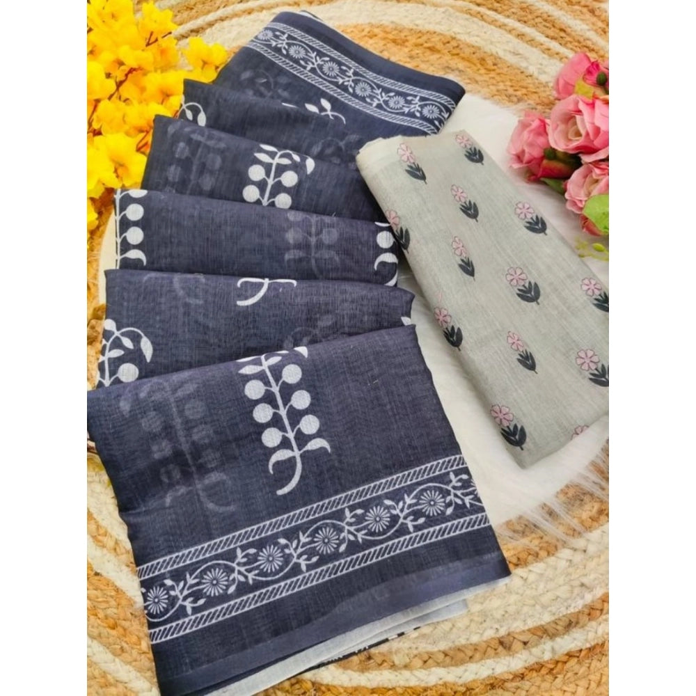 Generic Women's Linen Printed Saree With Unstitched Blouse 5.5Mtr (Grey)
